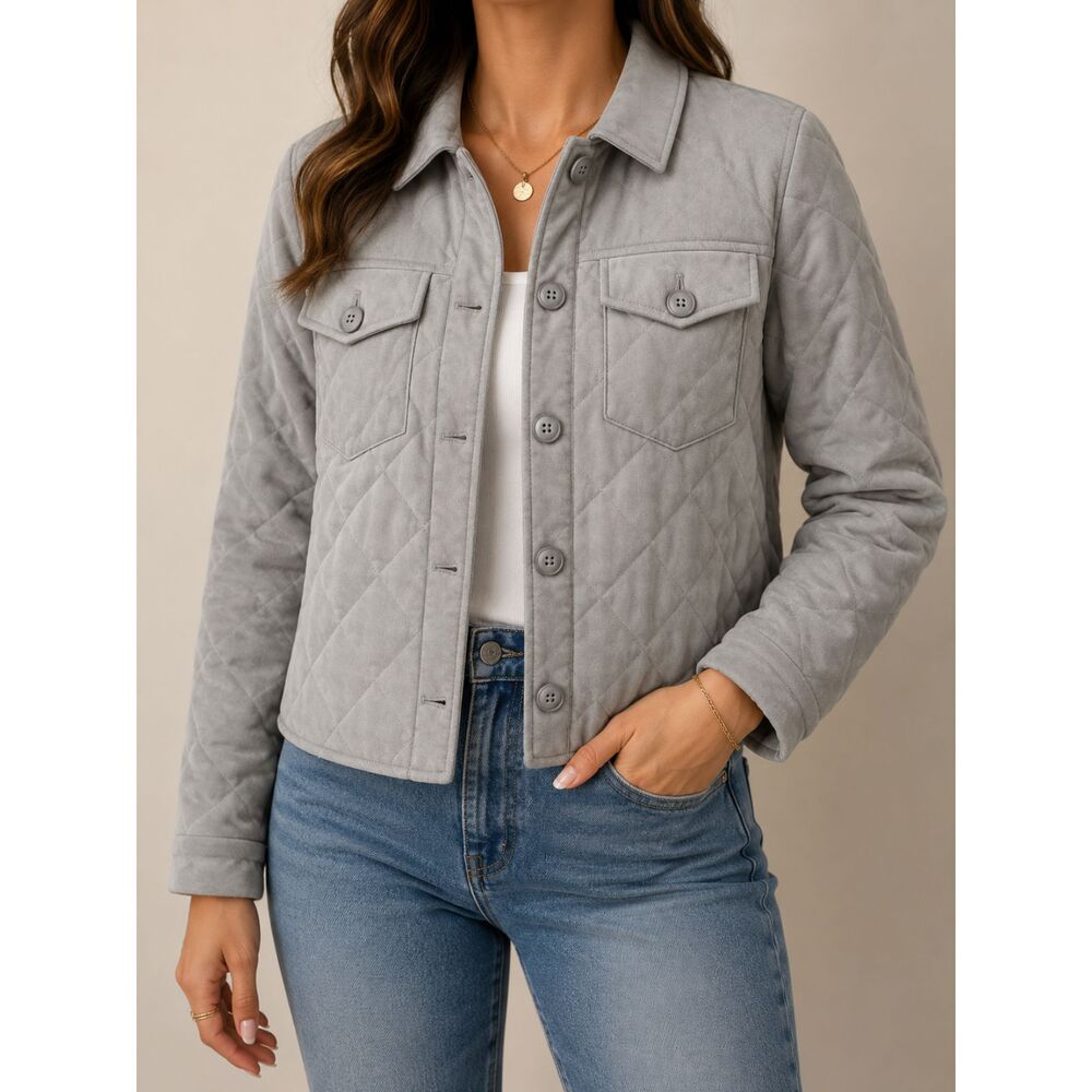KUT From The Kloth Gray Faux Suede Quilted Jacket Shacket M Monochrome Mom Style